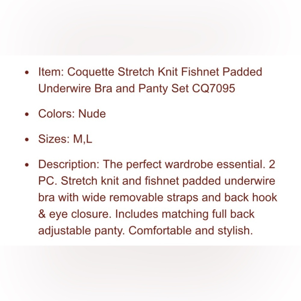Coquette Stretch Knit Fishnet Padded Underwire Bra and Panty Set Very Sexy - Picture 3 of 4